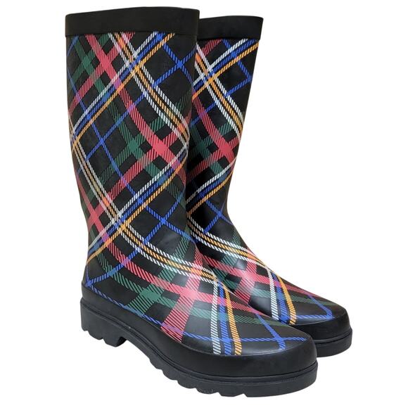 Sugar Women Raffle 4 Tall Rain Boots Size US 8M Black / Red Plaid Rubber - Picture 2 of 4